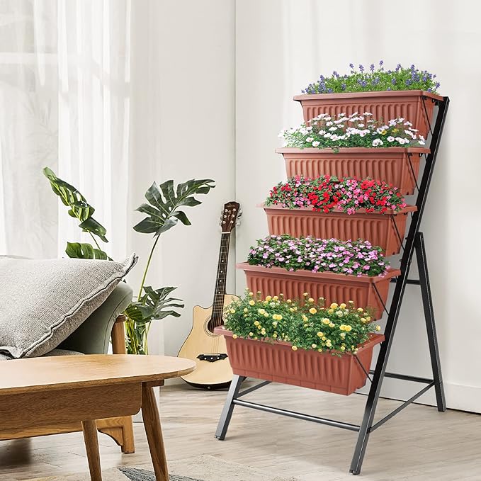 Suyncll Vertical Raised Garden Bed Planter Box5 Tiers Vertical Garden Planter with Drainage System&amp4 Hooks for Herb Vegetables Flowers Brick Red