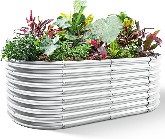 Land Guard 24“ Tall Galvanized Raised Garden Bed Kit Galvanized Planter Garden Boxes Outdoor Oval Large Metal Raised Garden Bed for Vegetables (Classic Silver 4×2×2ft)