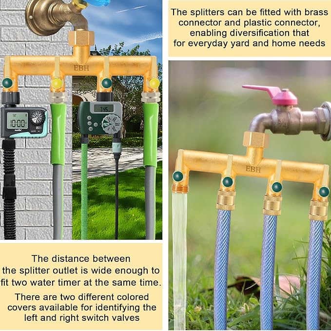 EBH Brass Garden Hose Splitter 4-Way Heavy Duty Hose Splitter Outdoor Faucet Manifold with Extended Metal Handle and Individual On/Off Valve Spout 3/4” GHT Threads