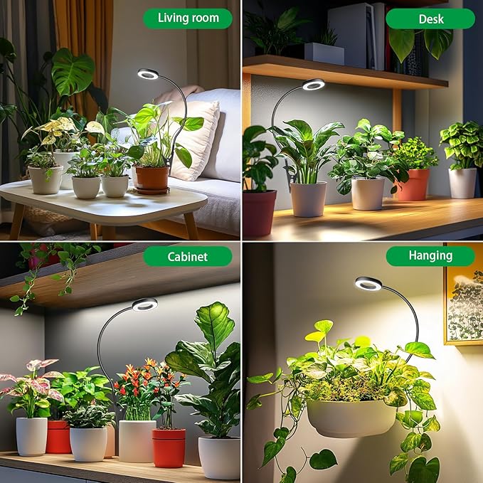 Plant Light 2 Pack Clip on Grow Lights for Indoor Plants LED Full Spectrum Halo Grow Lamp with 6/12/16H Timer 5 Dimmable 3 Modes 2 Installation Options Clip or Plug