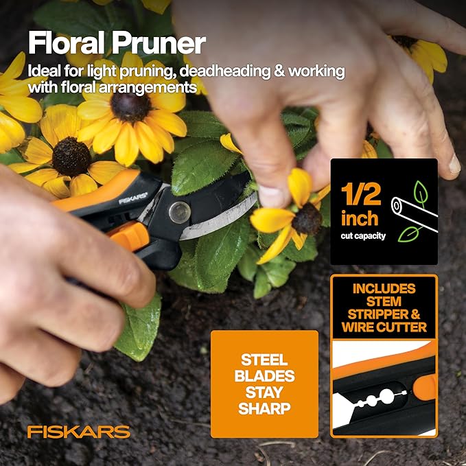 Fiskars 5-Piece Flower Gardening Essentials Set Floral Pruner Trowel Cultivator Gloves &amp Kneeling Cushion Easy Action Bypass Blade with Wire Cutter &amp Stem Stripper Lightweight Rustproof