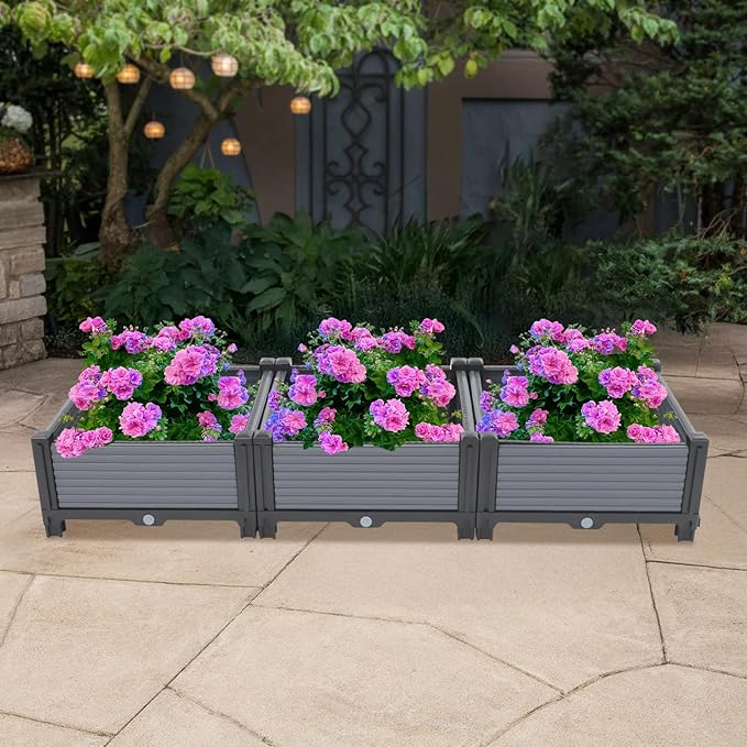 Planter Raised Beds Plastic Elevated Planter Box Boxes Modern Raised Garden Bed with Reinforced Support Rods for Vegetables Flowers Balcony Patio Gardening Black &amp Gray