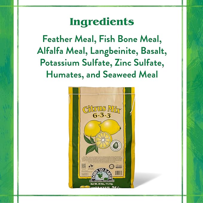 Down To Earth All Natural Fertilizers Organic Citrus Mix - Plant Food for Lemons Limes Oranges and Avocados 6-3-3 25 lb