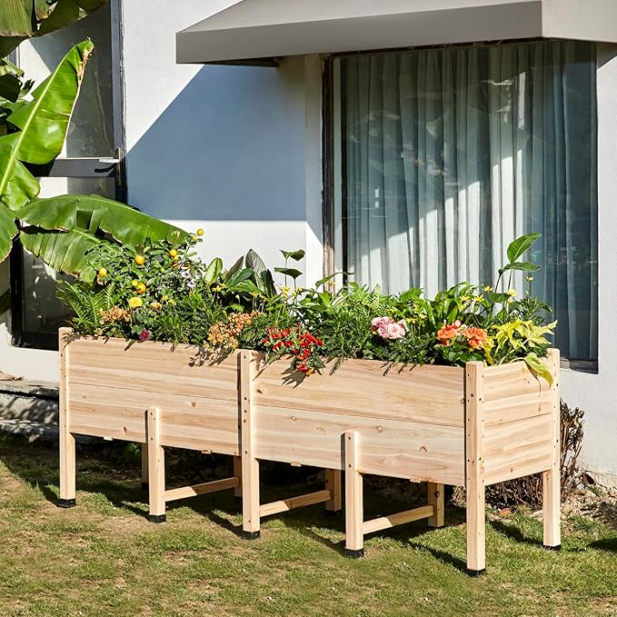 AMERLIFE 7x2 Ft Raised Garden Bed 16 Inch Depth Featuring Legs Drainage Holes Ideal for Deep Rooted Vegetables Flowers Herbs Elevated Wood Planter Box for Balcony Patio Backyard Easy Assembly