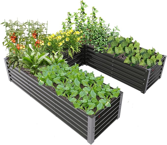 A ANLEOLIFE U-Shaped Outdoor Galvanized Raised Garden Bed 6x6x1.5ft Center-Access Bottomless Planter Box 22-Gauge Corrugated Metal Reinforced Bracing Rods Quartz Grey