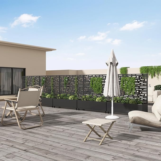 Casaphoria Metal Raised Garden Bed with Trellis and Wheels 47x47x16 Planter Box for Climbing Plants Vegetables &amp Vines Features Drainage Holes and Privacy Screen (Black-Gerald)