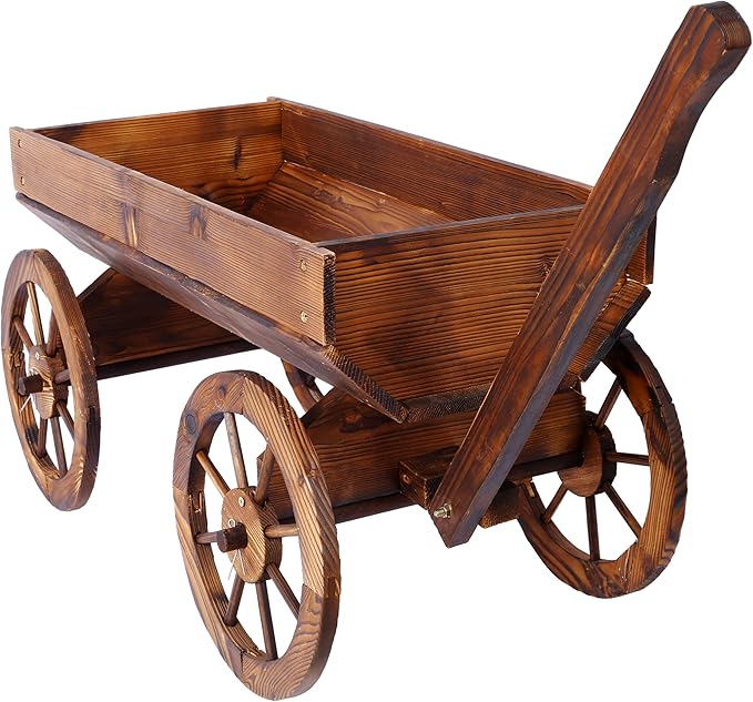 Wood Wagon Flower Planter Pot Stand WWheels Home GOutdoor Decor