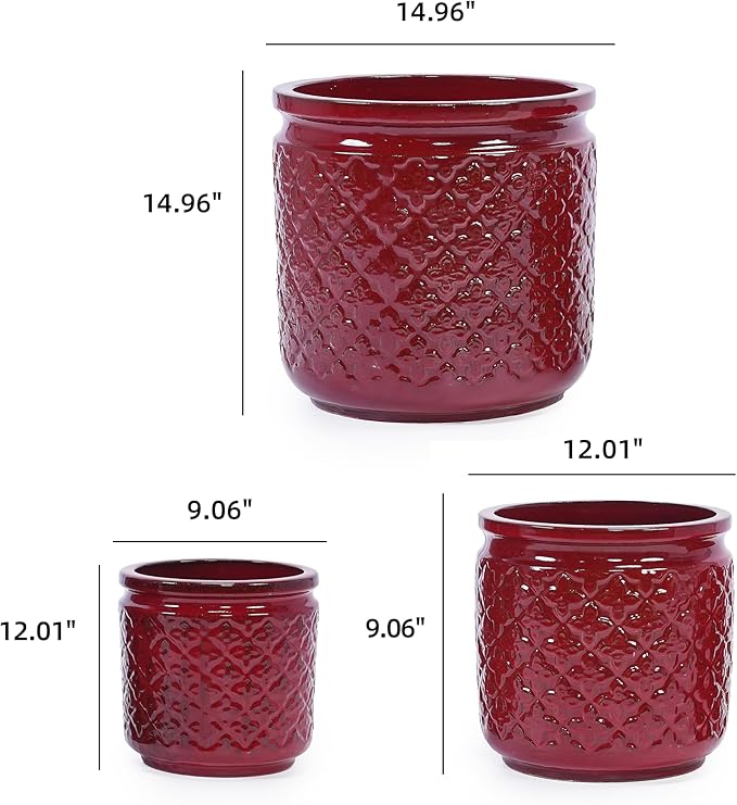 Handmade Ceramic Planter Set of 3 15129 Inch Diameter Diamond Pattern for Orchids Indoor Plants Windowsill Bookshelf Use Breathable Clay