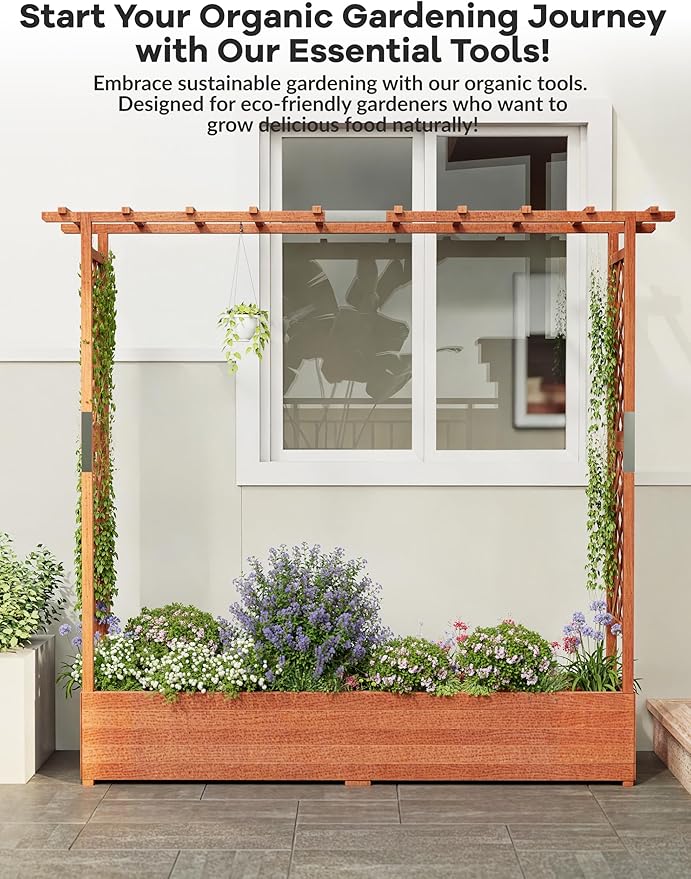 CABIHOME Raised Garden Bed with Arch Trellis and WheelsWooden Planter Box with Hanging Roof Side Trellis 4 Drainage Holes for Climbing Plants Vegetables &amp Vines 79x17x72 Orange