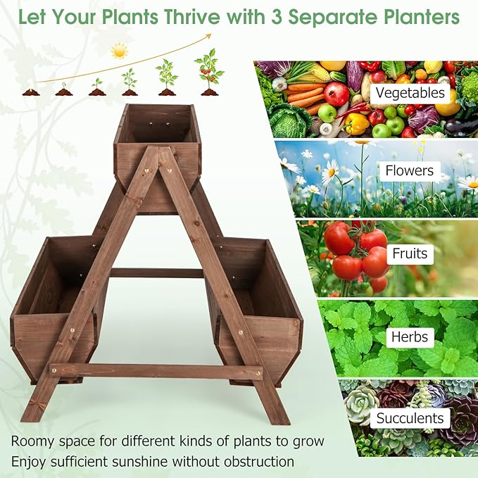 Giantex Vertical Raised Garden Bed 3 Large Wood Planter Boxes for Flower Vegetable Fruit Herb Freestanding Planter with Drain Holes Elevated Raised Beds for Indoor Outdoor Lawn Patio Yard Brown