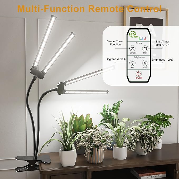 Juhefa LED Grow LightSuper Bright 6000K White Full Spectrum Clip Plant Growing Lamp with Rotatable Dual Head for Indoor Desk PlantsDimmable &amp Timer 4/8/12HHigh Power Output for Faster Growth2-