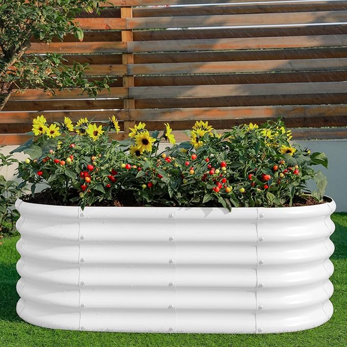 Land Guard 18“ Tall 4×2ft Galvanized Raised Garden Bed Kit Galvanized Planter Garden Boxes Outdoor Oval Large Metal Raised Garden Bed for Vegetables……… (Pearl White 4×2×1.5ft)