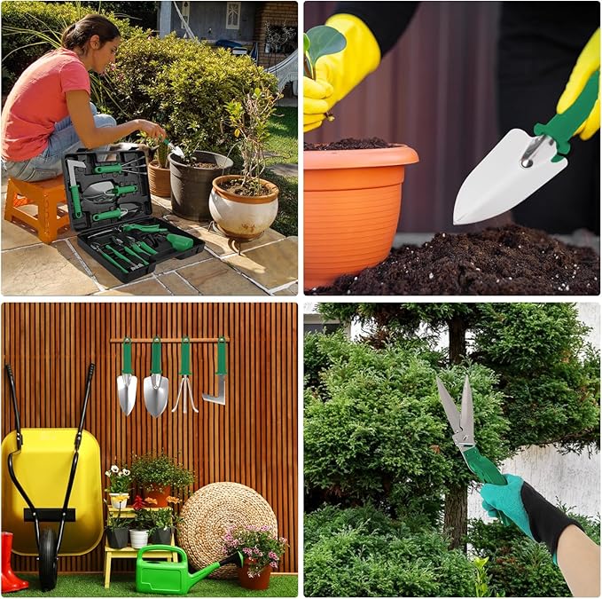 Gardening Tool Set 11 Pieces Gardening Tools with Carrying Case Garden Tool Kit for Digging Planting Pruning Unique Gardening Set with Gloves for Women and Men (Green)