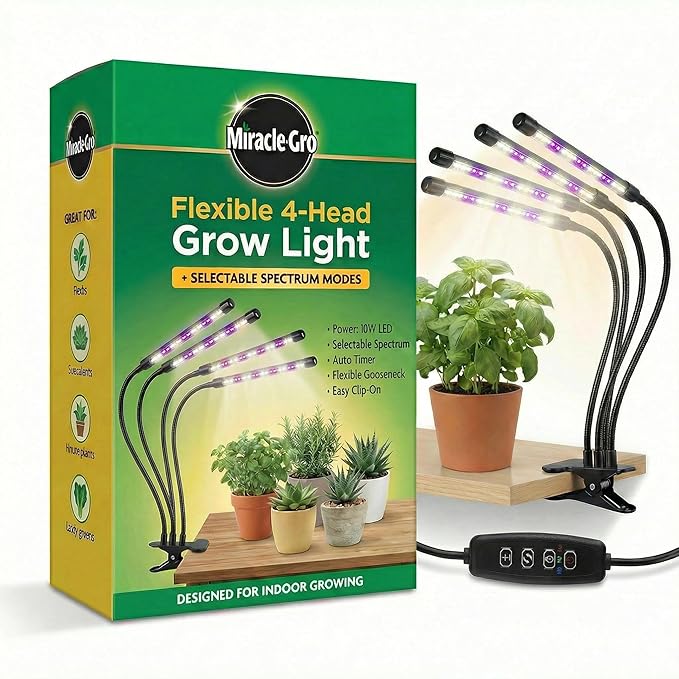 Miracle-Gro LED Grow Light for Indoor Plants 4-Head | Selectable Spectrum Clip On Plant Light with Timer &amp Dimmable Modes | Flexible Gooseneck Lamp for Seed Starting Succulents Herbs &amp House