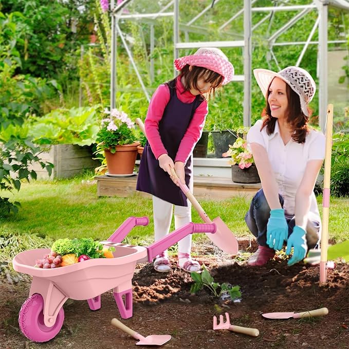 Kids Gardening Set with Wheelbarrow Real Metal Garden Tools for Kids Ages 3-8 4 Long Handle Tools 3 Hand Tool Gloves 5 Stickers Handbook Outdoor Backyard Toys for Toddler Gift