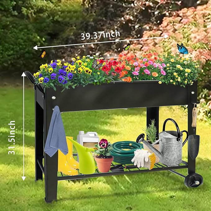 Raised Garden Planter Beds with Wheels Legs Large Planters Box for Indoor Outdoor PlantsMetal Galvanized Elevated Rectangle Herb Planter Box for Vegetables Flower Patio 31.5 H