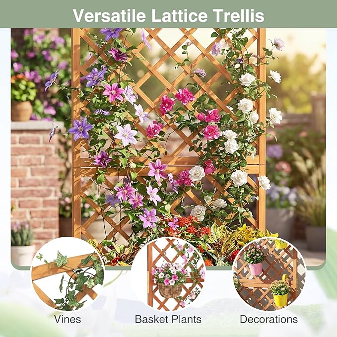 S AFSTAR 2 Pieces Wooden Raised Garden Bed with Trellis 63 Tall Planter Box with Drainage for Vines Climbing Plants Flowers Herbs Elevated Gardening Planter for Backyard Balcony &amp Patio