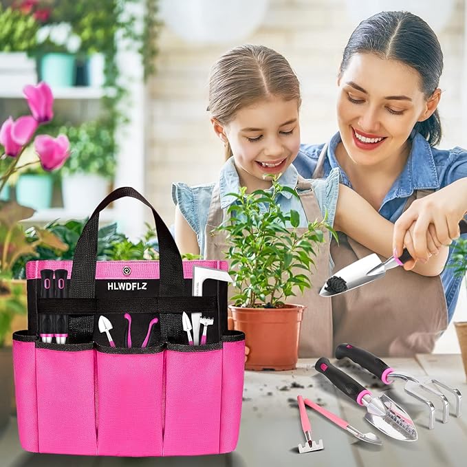Pink Garden Tool Set Gardening Items for Women - 24PCS Heavy Duty Garden Tools with Detachable Storage Bag Succulent Tool Set Weeder