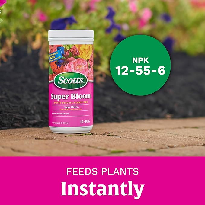 Scotts Super Bloom Water Soluble Plant Food 2 lb - NPK 12-55-6 - Fertilizer for Outdoor Flowers Fruiting Plants Containers and Bed Areas - Feeds Plants Instantly