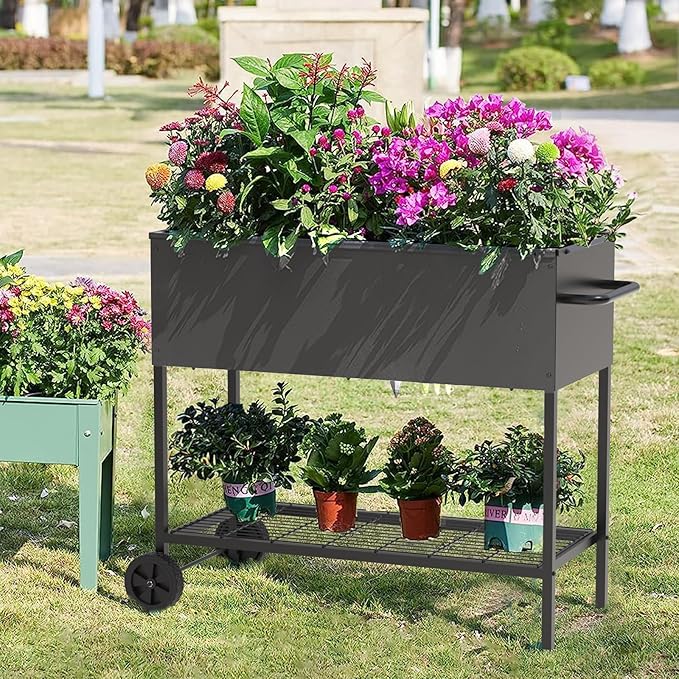 34 × 15 × 31 Inches Raised Garden Bed with Legs/Storage Shelf Mobile Planter Box for Outdoor Plants Elevated Garden Bed for Backyard Balcony Black