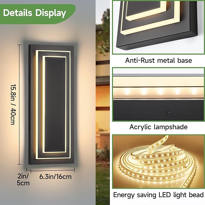 2-Tier Outdoor Front Porch Light FixturesModern Black Outdoor Wall Sconce15.7 in Waterproof Led Exterior Lights Outside Wall Lights for HouseGarage Patio with 24W 3000K Warm White 1 Pack