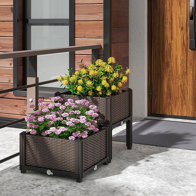 Giantex 4 Pcs Raised Garden Bed Elevated Planter Box Kit W/ 16 Legs 4 Planter Boxes Self-Watering System Drainage Holes Indoor &amp Outdoor Vegetable Fruit Flower Herb Growing Box