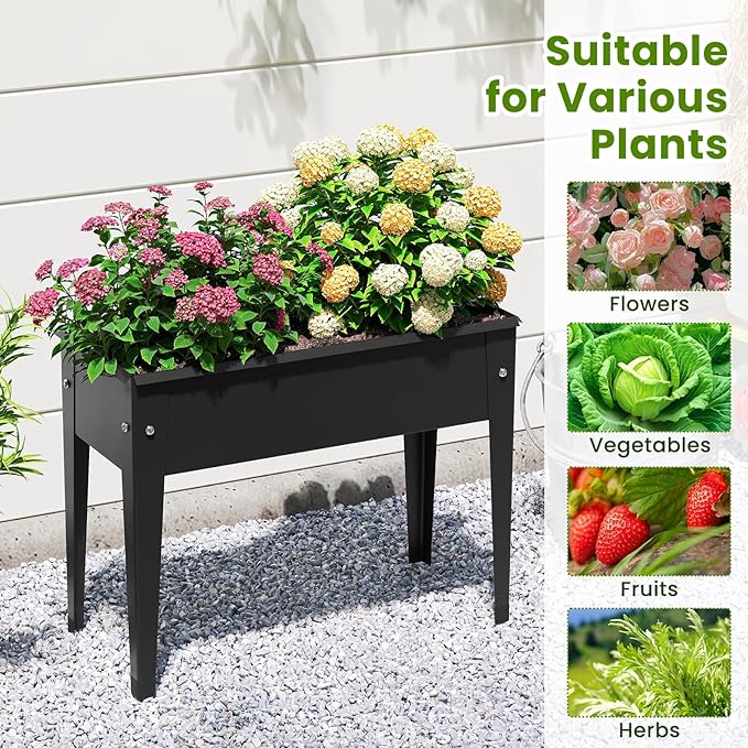 Raised Garden Bed with Legs 24 x 11 x 18 Inch Metal Elevated Planter Box w/Drainage Holes for Flowers Herbs Standing Raised Planter Bed for Indoor Outdoor Balcony Patio Backyard (1 Black)