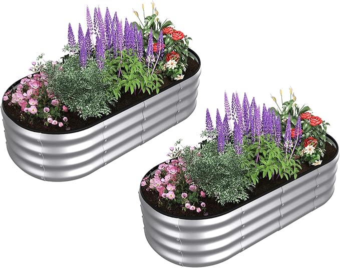 4x2x1 ft Oval Galvanized Metal Raised Garden Beds Thickened Rust-Proof Flower Beds Outdoor Plant Planter Boxes(Silver 2PCS)