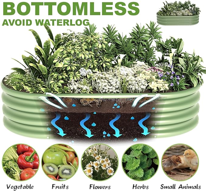 4x2x1ft-2pcs-Oval Raised Garden Bed Kit Galvanized Planter Garden Boxes Outdoor Metal Raised Garden Beds for VegetablesFruits FlowerGreen