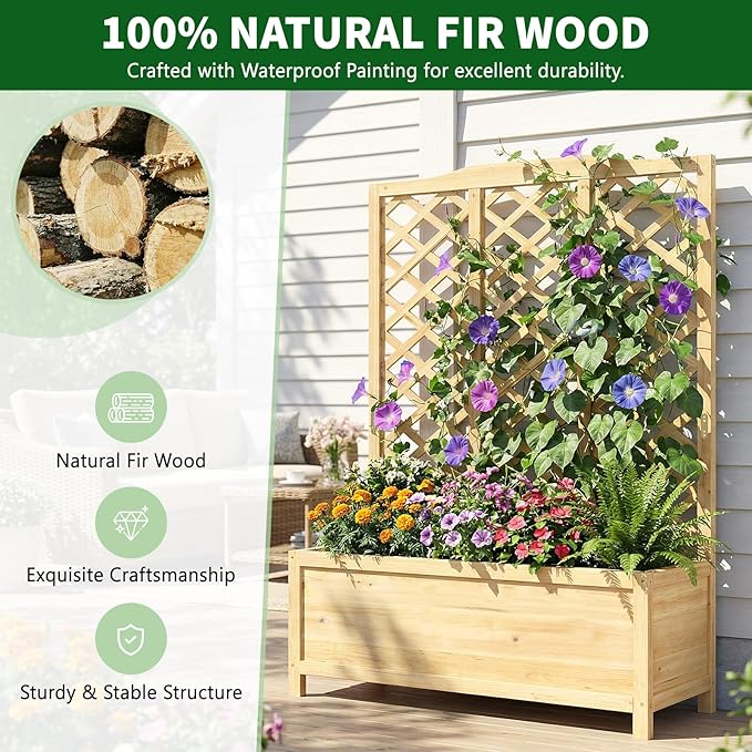 Wooden Raised Garden Bed with Trellis Freestanding Planter Box with Drainage for Vines Climbing Plants Flowers Herbs Elevated Gardening Planter for Backyard Balcony Patio