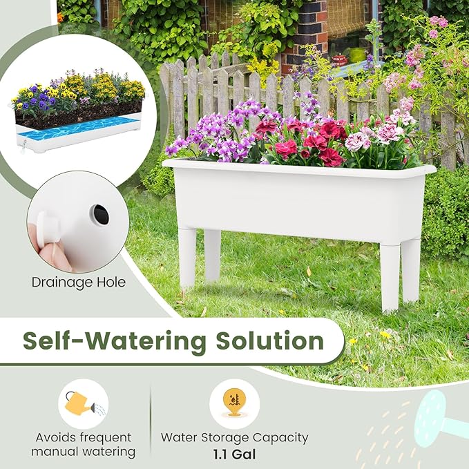 Giantex Raised Garden Beds Outdoor Set of 2 Self-Watering Planter Box with Detachable Legs &amp Drainage Hole Outdoor Raised Container for Vegetable Fruit Herbs 31.5”Lx12”Wx16”H Easy Assembly (Wh