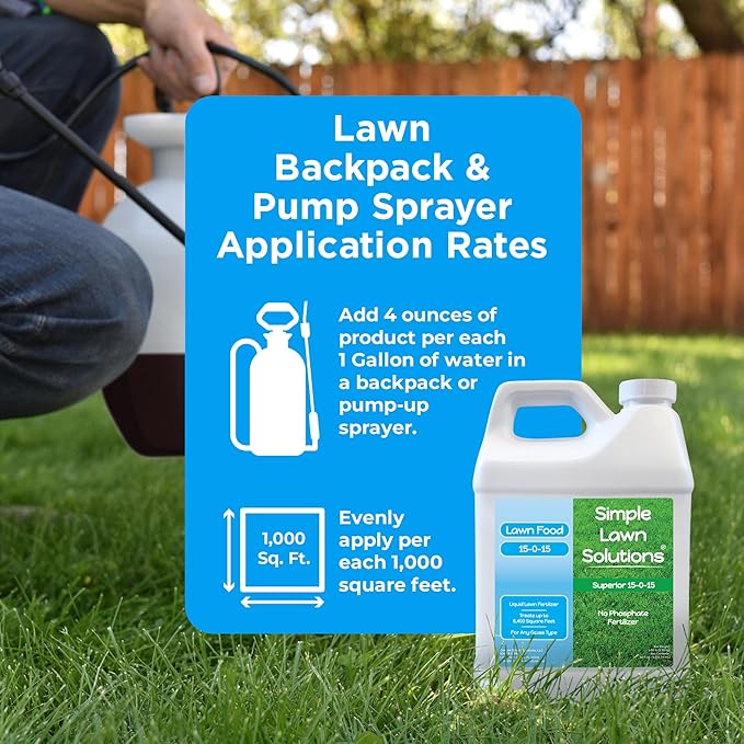 Superior 15-0-15 Liquid Lawn Fertilizer - Lawn Food for Growth &amp Green - Nitrogen Potassium Humic Fish &amp Seaweed - Any Grass Type- Simple Lawn Solutions - All Season- Concentrate (64 Ounce)