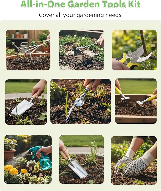 Garden Tools Set 12-Piece MOSFiATA Gardening Tools Kit with Comfortable Handle Heavy Duty Soil Shovel Transplant Trowel Weeder Hand rake Professional Pruner Sprayer Gloves with Organizer Bag
