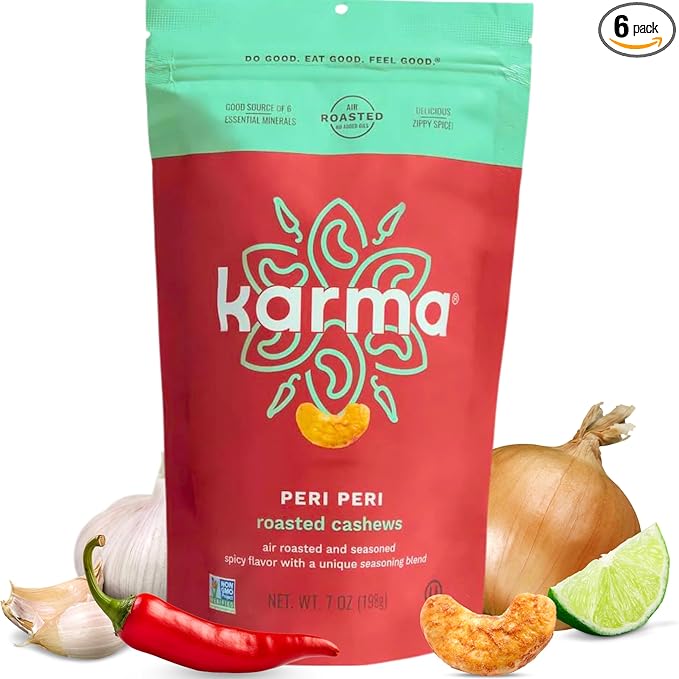 Peri Peri Air Roasted Whole Cashews by Karma Nuts Savory Spicy Peanut-Free Facility Kosher Everyday Nut Snack 7oz Resealable Bag - 6 pack