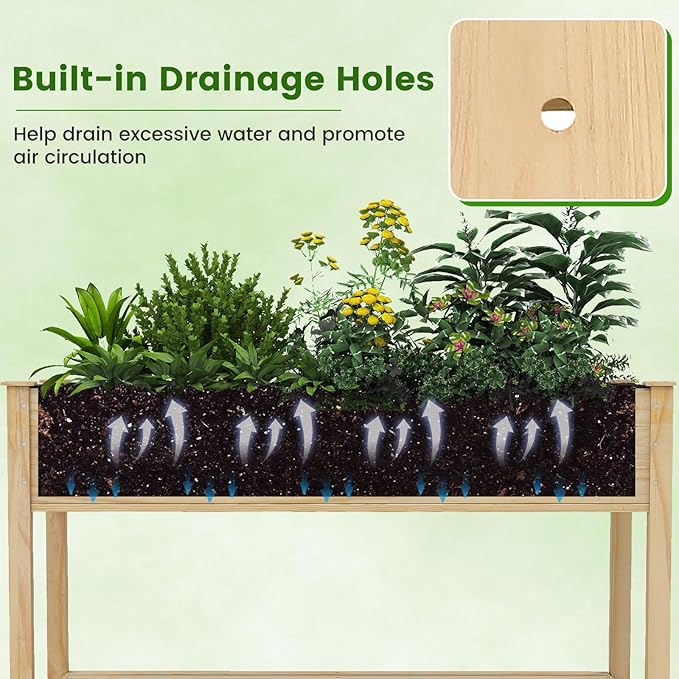 S AFSTAR 2 Pieces Wooden Raised Garden Bed with Wheels Elevated Planter Box with Legs Storage Shelf Liner &amp Drainage Holes Indoor Outdoor Patio Gardening Box for Vegetable Flower &amp Herb