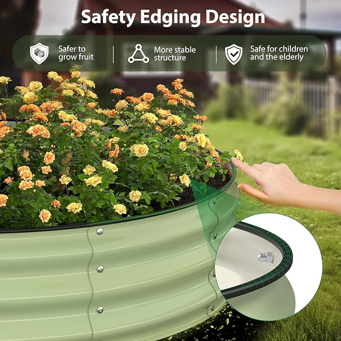Raised Garden Bed Kit 4x4x1 ft Round Galvanized Planter Box Outdoor with Safety Edging Large Metal Raised Beds for Gardening Vegetables Flower Fruits (Avocado Green)