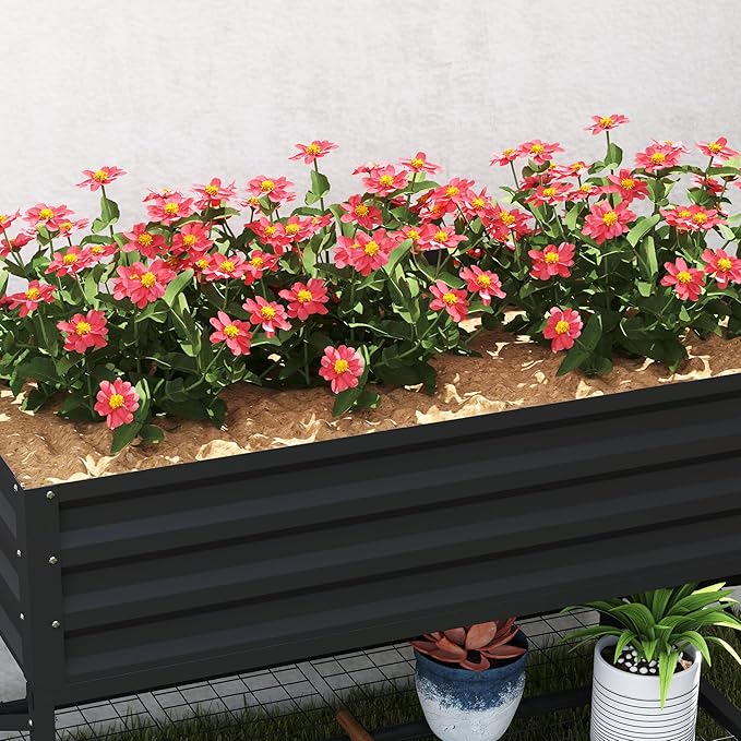 Outsunny Raised Garden Bed with Galvanized Steel Frame Storage Shelf and Bed Liner Elevated Planter Box with Legs for Vegetables Flowers Herbs Dark Gray