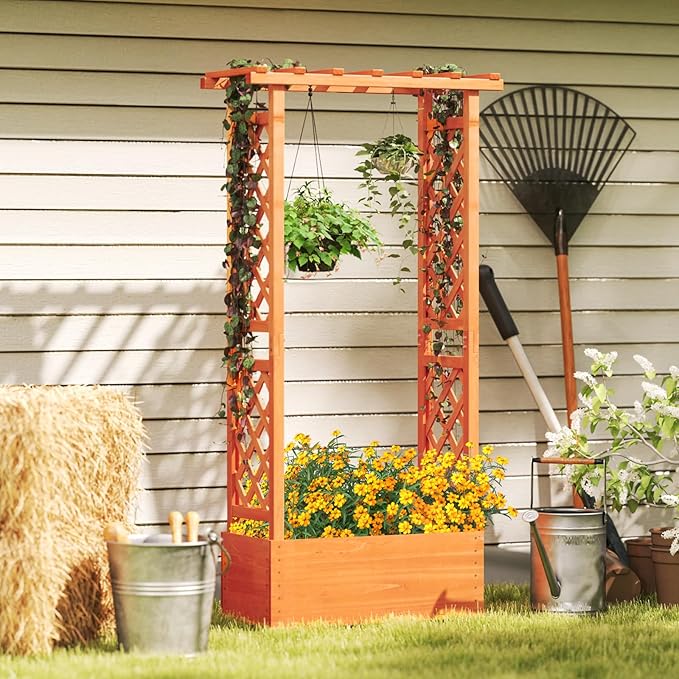 MAT EXPERT Raised Garden Bed with Trellis &amp Hanging Roof Lattice Panel with Drainage Hole for Flower Climbing Plant Herb Planter Box for Garden Patio Yard (1 31 L x 14 W x 60 H)