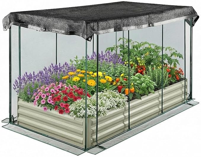6X3x1Ft Raised Garden Bed with Cover Galvanized Oval Planter Garden Box Plant Protection Net &amp Shade Cloth Outdoor Metal Planter Box with Greenhouse Zipper Open Base Design for Vegetables Flow