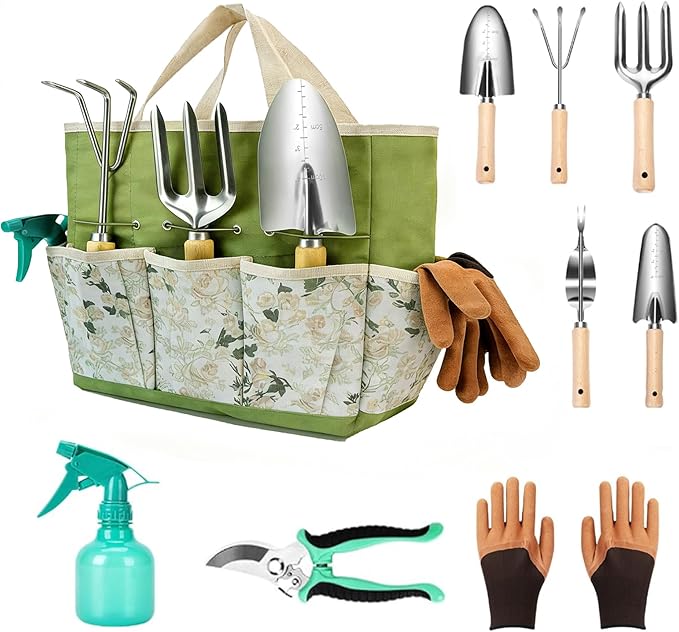 Garden Tool Set 9 Pcs Heavy Duty Stainless Steel Gardening Hand Tool Green Garden Tool Bag Kit Gardening Supplies Gifts for Women Men Mom Dad Gardener Beginner