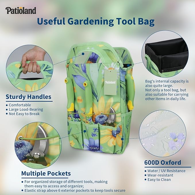 10-Piece Garden Tool Set – Green Floral Print Gardening Hand Tools with Non-Slip Handles Heavy Duty Rust-Proof Aluminum Tools Organizer Tote Bag Ideal Gardening Gifts for Women &amp Grandma