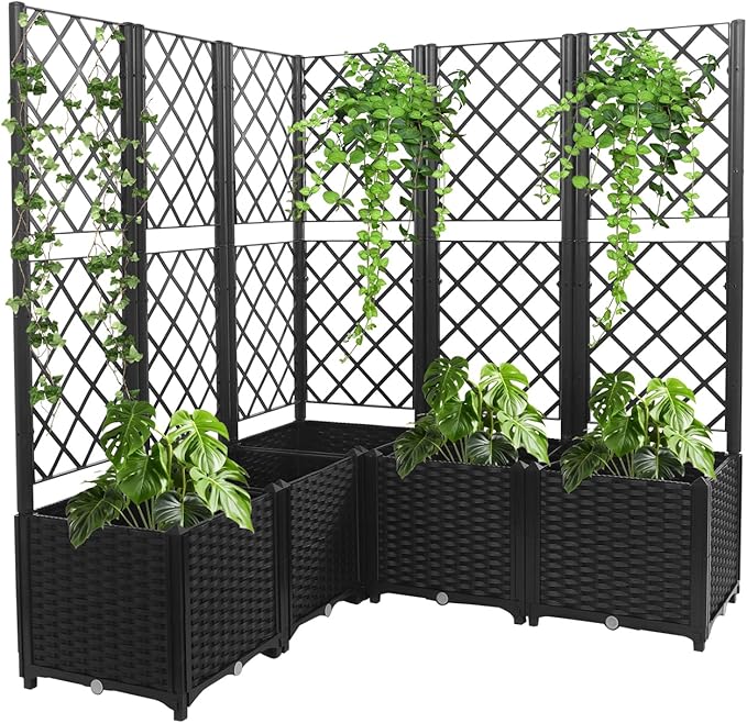 Garden Planter with Trellis Polypropylene Planter Boxes with 5 Compartments Garden Box with Privacy Screen for Outdoor Spaces Terraces Balconies-47.24 * 47.24 * 55.91in (Black)