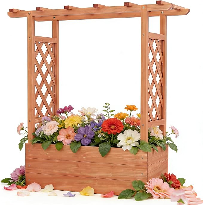 HOMGX Raised Garden Bed with Trellis Vertical Garden Planter w/Drainage Holes for Climbing Vines Roses Tomatoes Tiered Flower Stand for Flowers Herbs Climbing Vines