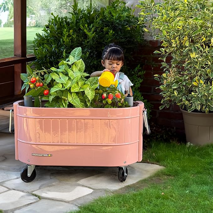 Permasteel Self-Watering Garden Bed Rolling Planter for Vegetables Flowers Herbs and Fruit Outdoor Indoor Caster Wheels Pink
