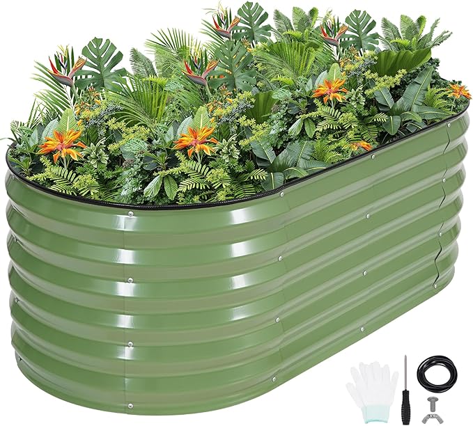 G GOOD GAIN Raised Garden Beds - 4x2x1.4ft Galvanized Planter Boxes Kit with Protective Tape &amp Gloves &amp Tools | Oval Metal Outdoor Raised Bed for Gardening Vegetables Fruits Flowers Herbs