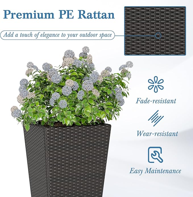 HAPPYGRILL 30 Tall Plant Pot Set of 2 Modern Decorative Flower Pots w/Open-Ended Base PE Rattan Frame Non-Woven Soil Bag Square Textured Flower Pots for Outdoor Garden Patio Front Porch