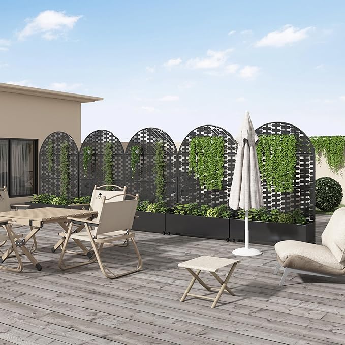 Casaphoria Metal Raised Garden Bed with Trellis and Wheels 72x47x16 Arched Planter Box for Climbing Plants Vegetables &amp Vines Features Drainage Holes and Privacy Screen (Black-Brick)
