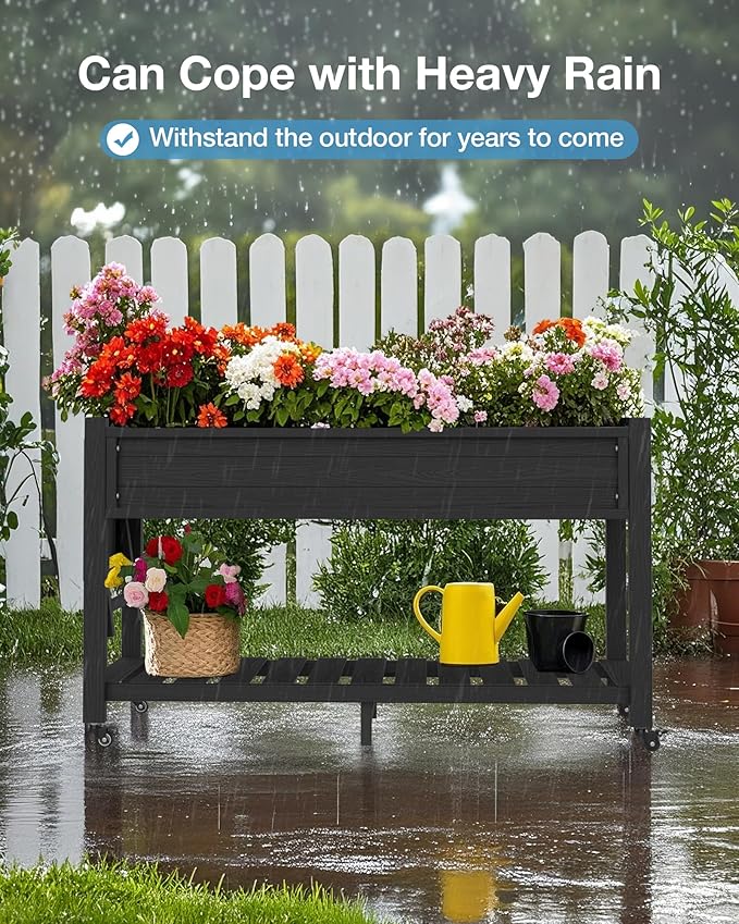 YEFU Raised Garden Bed with Legs: 57x18x30in Elevated Poly Planter with WheelsWaterproof Mobile Raised Bed Garden Elevated Planter Box Stand with Storage ShelfFor DeckPatioPorchYard (Black2pcs)