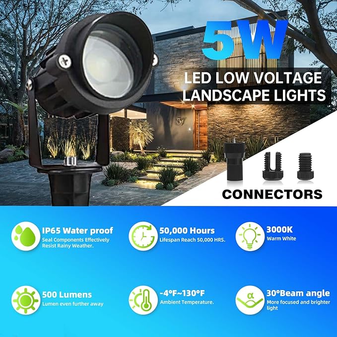 Low Voltage Landscape Lights Outdoor LED Landscape Lighting with Connectors 5W 500LM Focusing Lens Spotlights24V AC/DC 3000K Warm White Waterproof IP65 Pathway Garden Yard Lights 6PACK