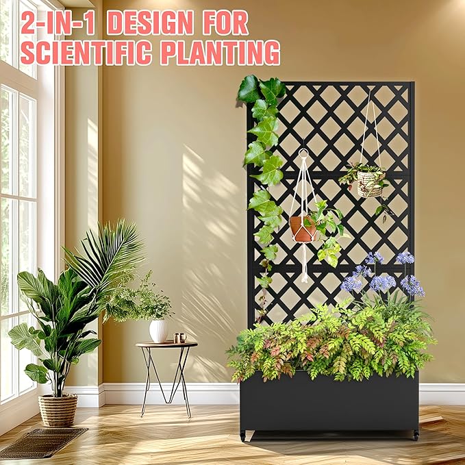 Metal Planter Box with Trellis Raised Garder Bed with Drainage Hole Privacy Screen &amp Trellis for Climbing Plants Outdoor Plant Stands 35''L×17''W×73''H Black